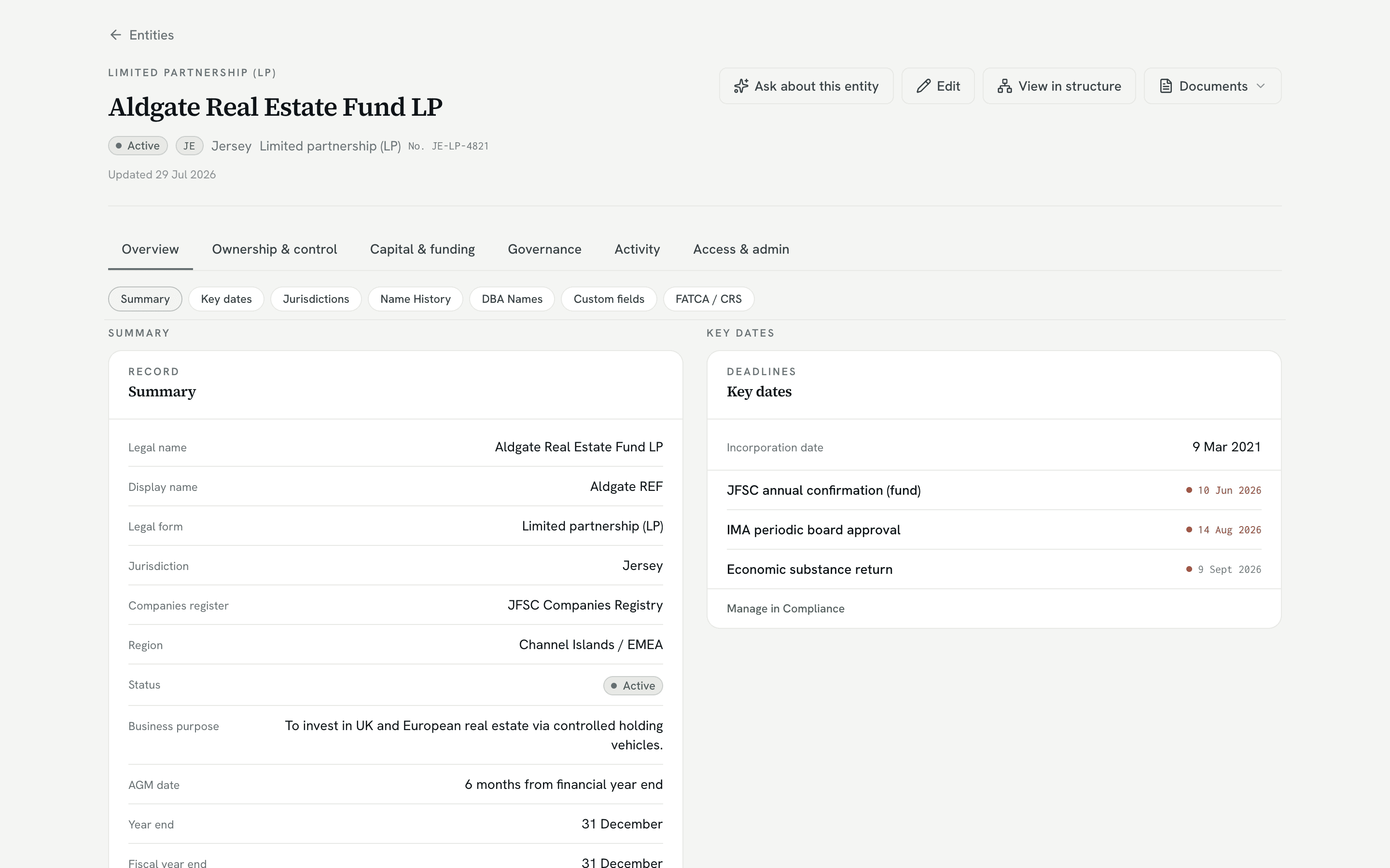 The entity record for Aldgate Real Estate Fund LP in the demo workspace