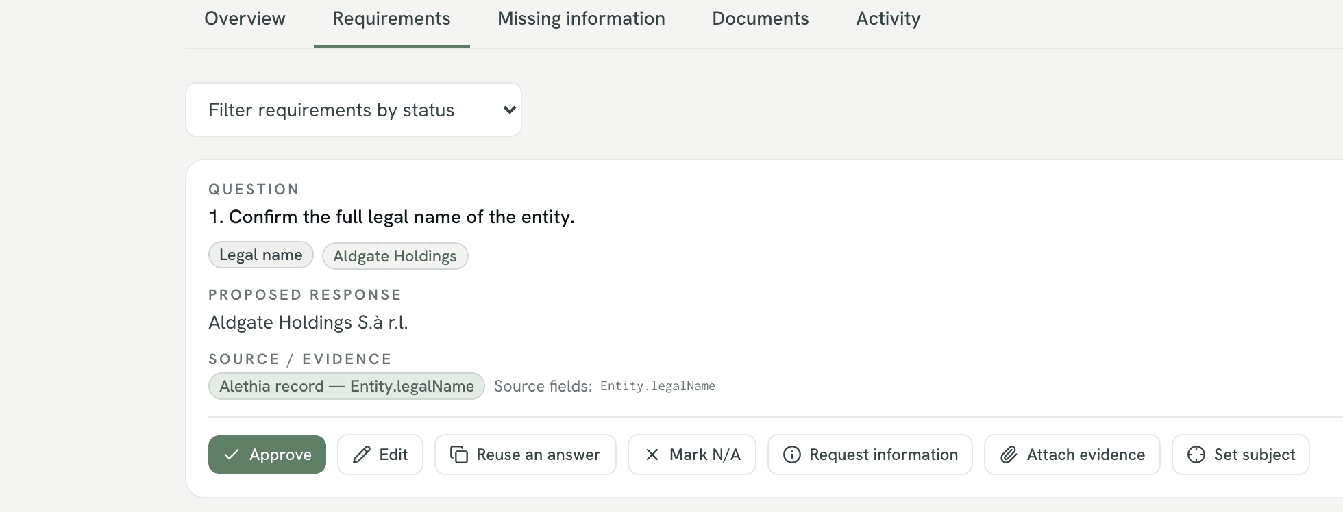 A KYC request with its first requirement and proposed response