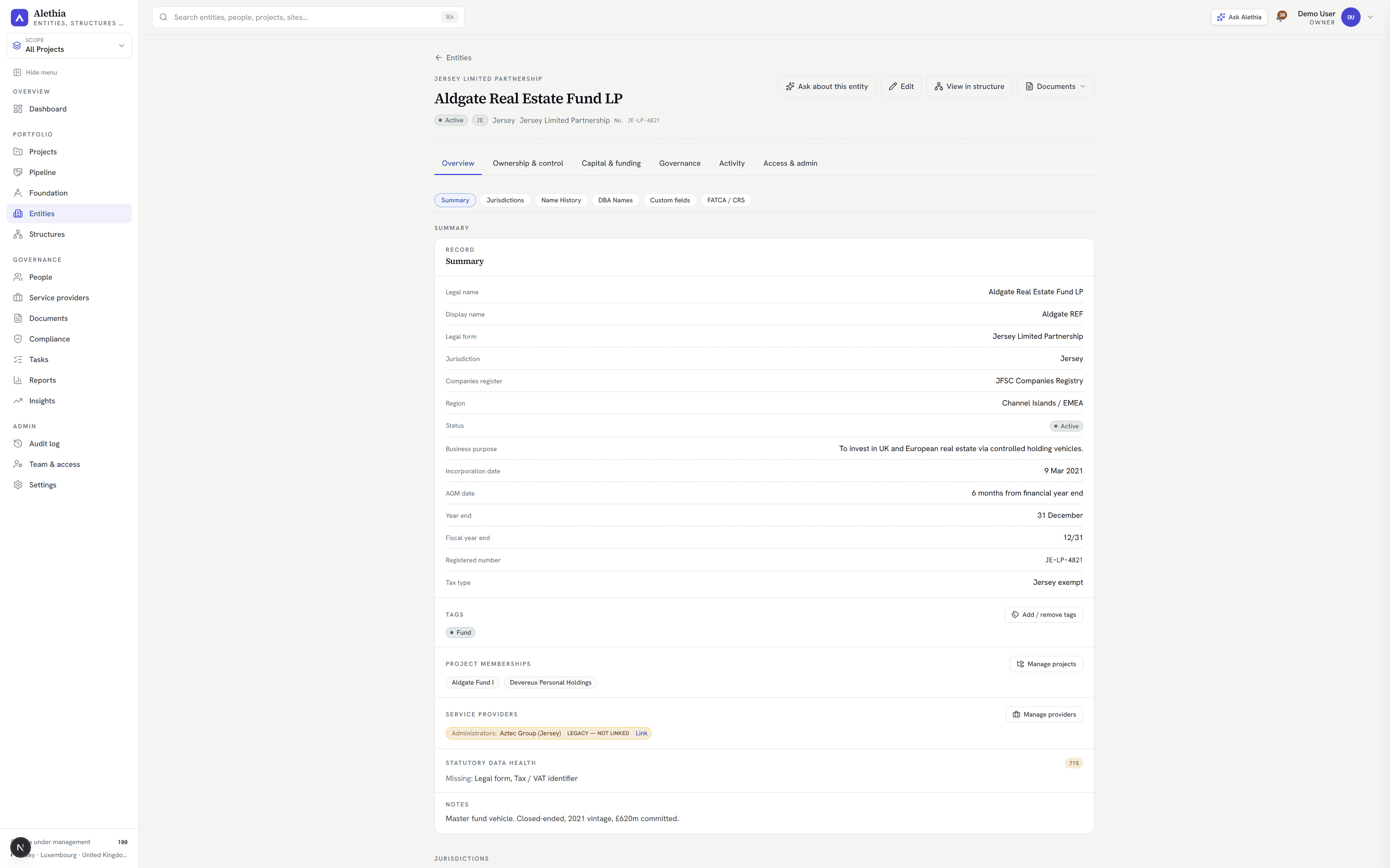 An entity record with its full statutory detail